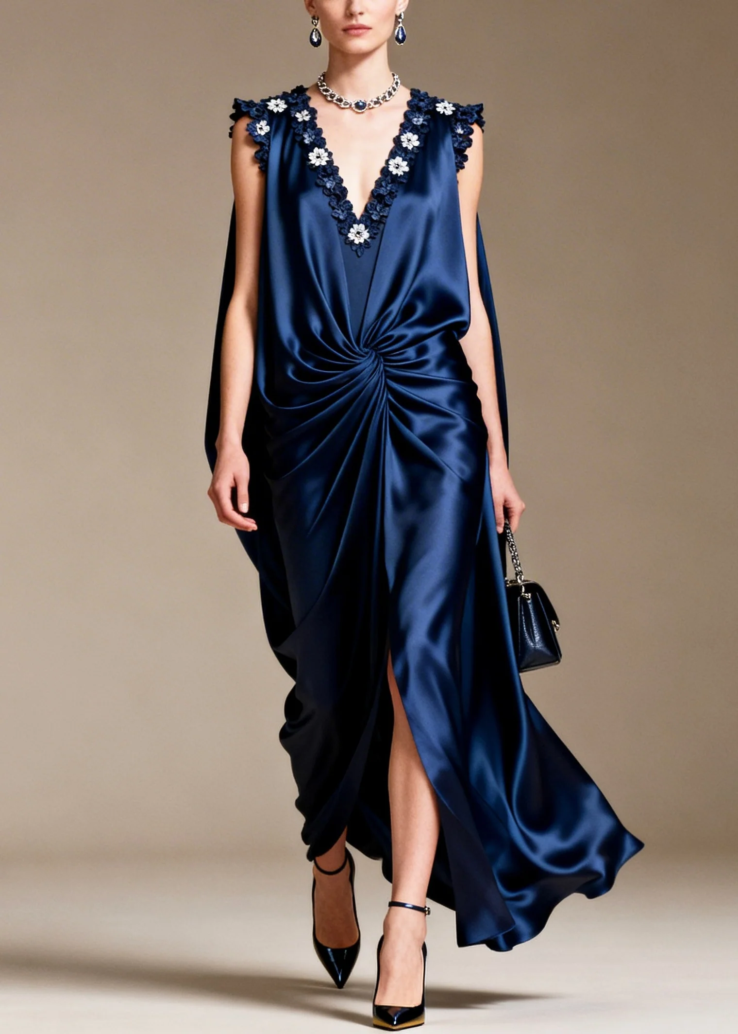 Navy Floral Silk Long Dress Asymmetrical Design Sleeveless - Image 5