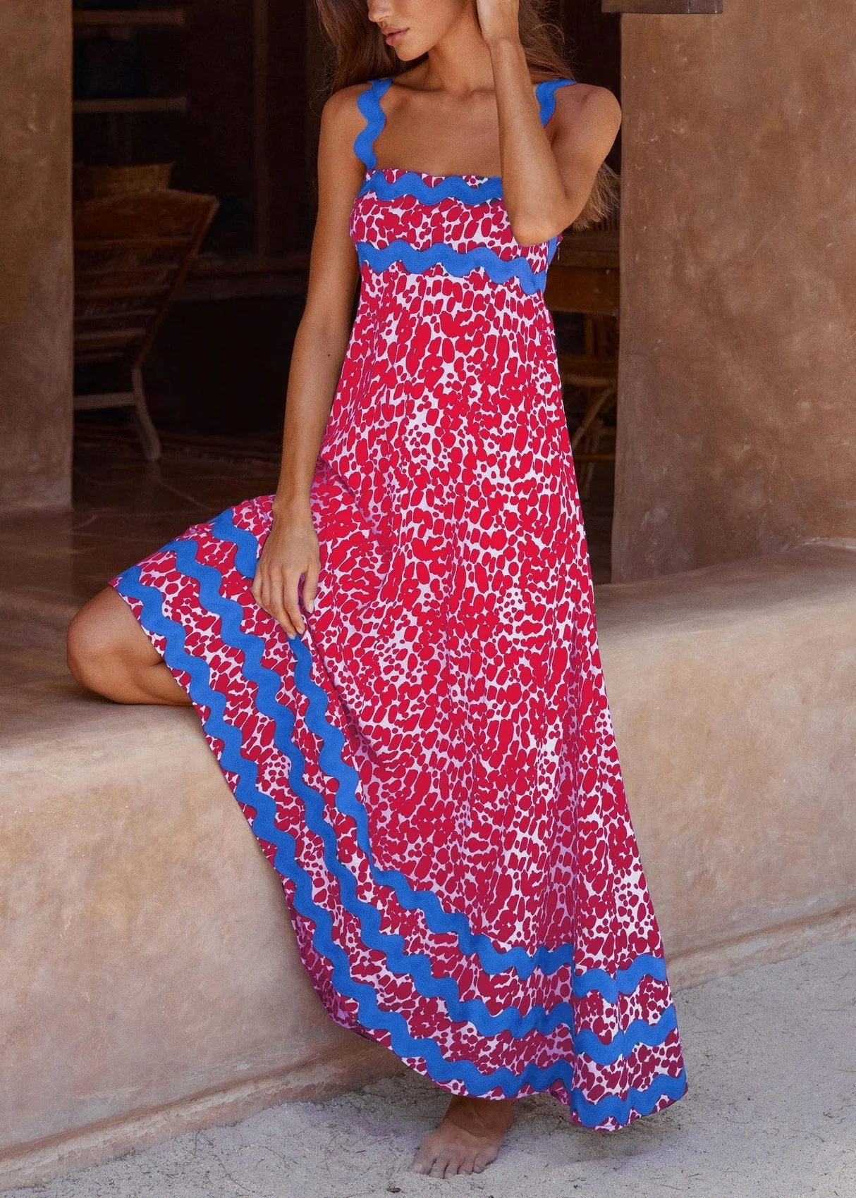 Navy High Waist Patchwork Cotton Dress Print Summer - Image 2