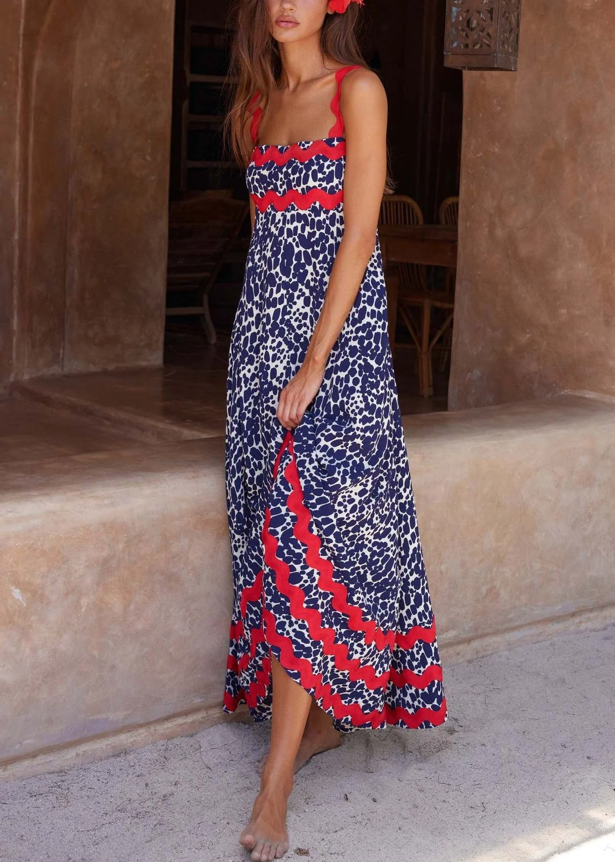 Navy High Waist Patchwork Cotton Dress Print Summer - Image 3