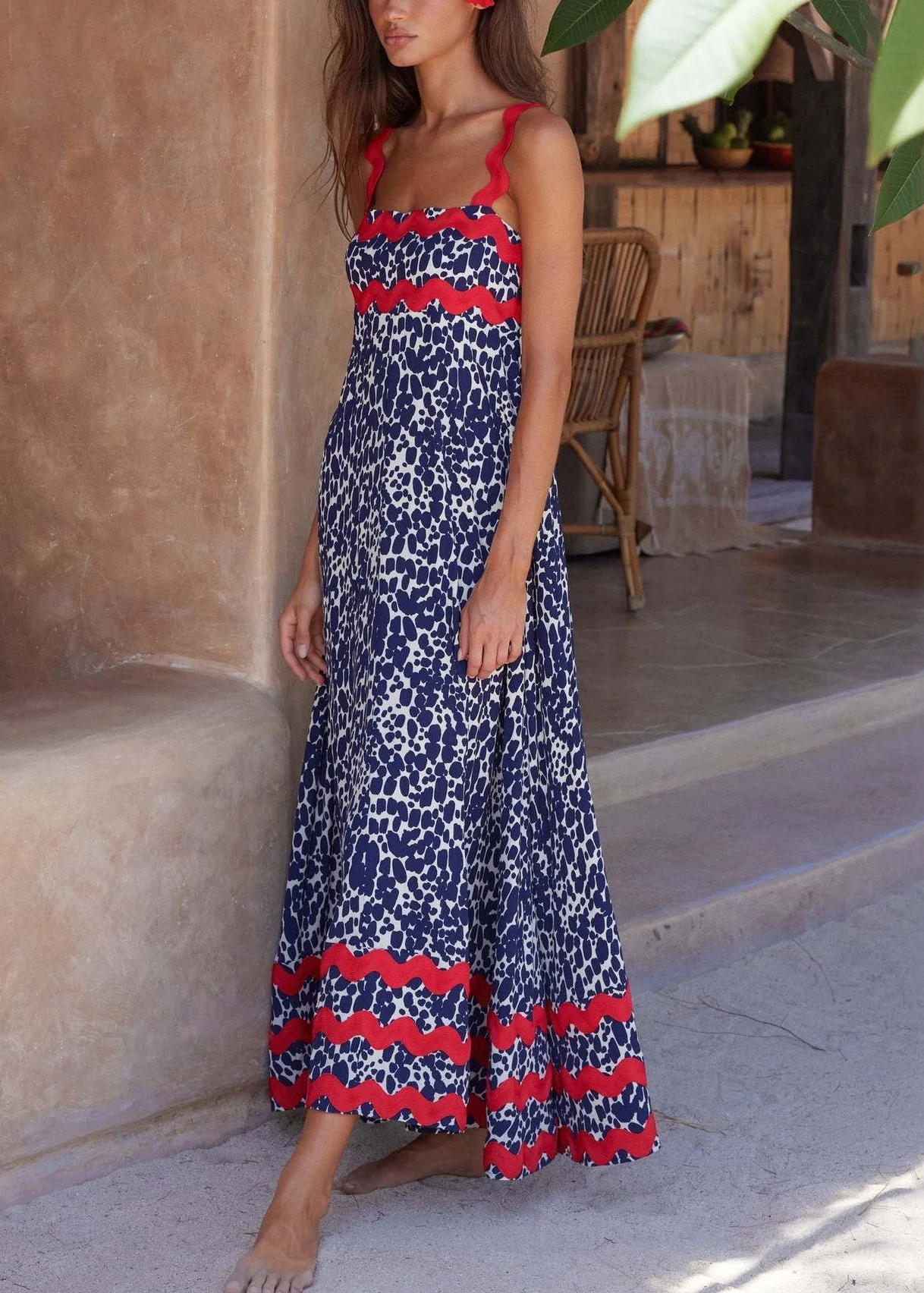 Navy High Waist Patchwork Cotton Dress Print Summer - Image 4