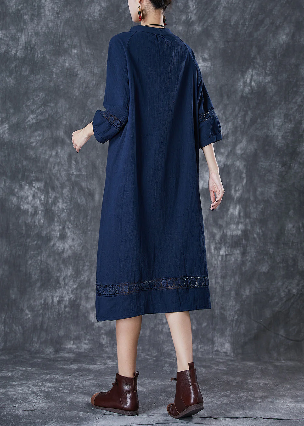 Navy Hollow Out Cotton Maxi Dress Oversized Bracelet Sleeve - Image 4