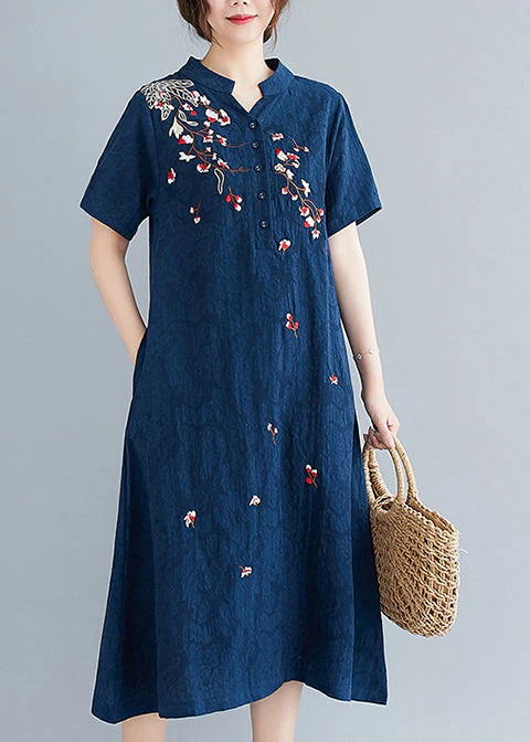 Navy Jacquard Linen Mid Dresses Embroidered Summer - Image 3