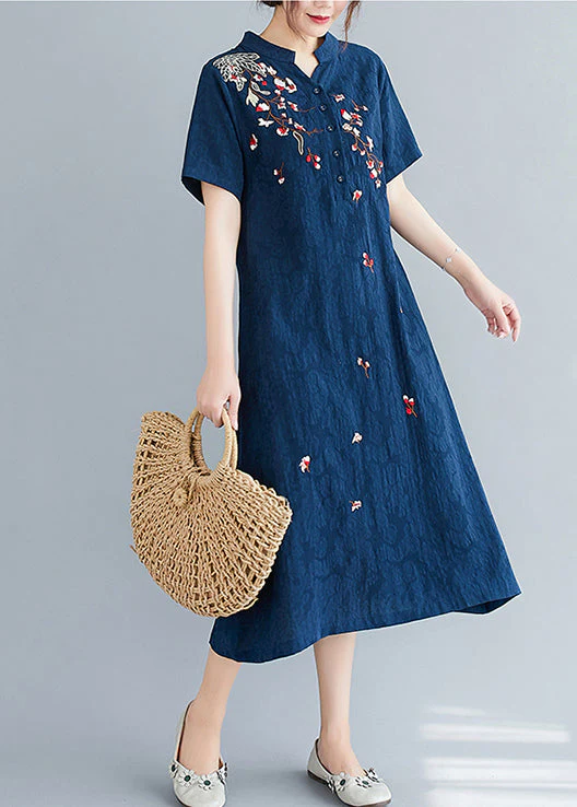 Navy Jacquard Linen Mid Dresses Embroidered Summer - Image 4