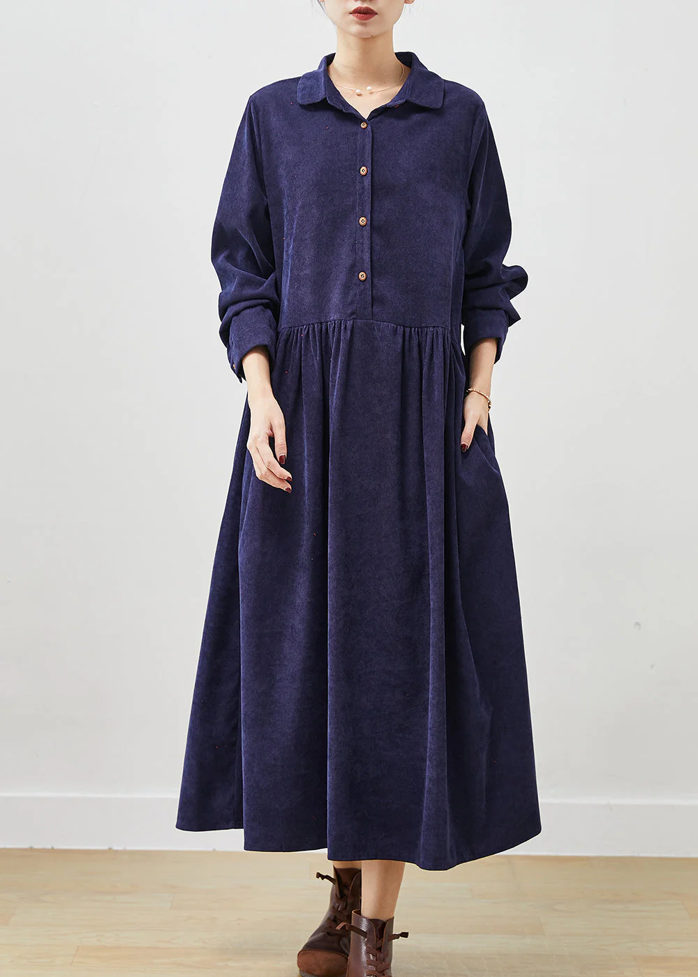 Navy Loose Corduroy Holiday Dresses Peter Pan Collar Pockets Spring - Image 2