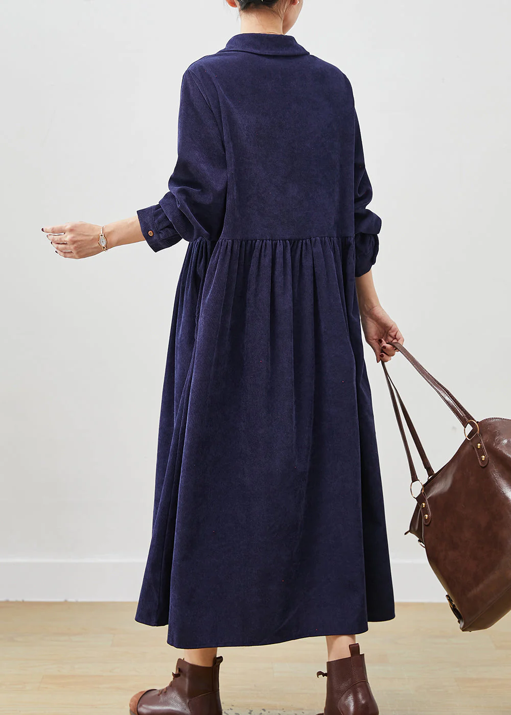 Navy Loose Corduroy Holiday Dresses Peter Pan Collar Pockets Spring - Image 3