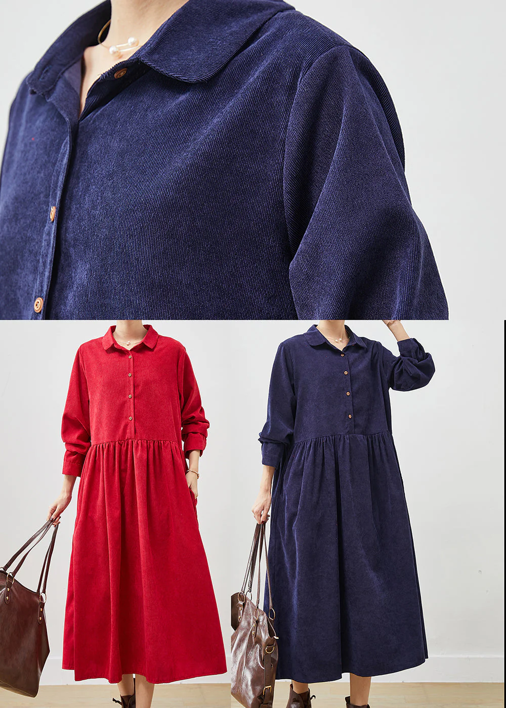 Navy Loose Corduroy Holiday Dresses Peter Pan Collar Pockets Spring - Image 4