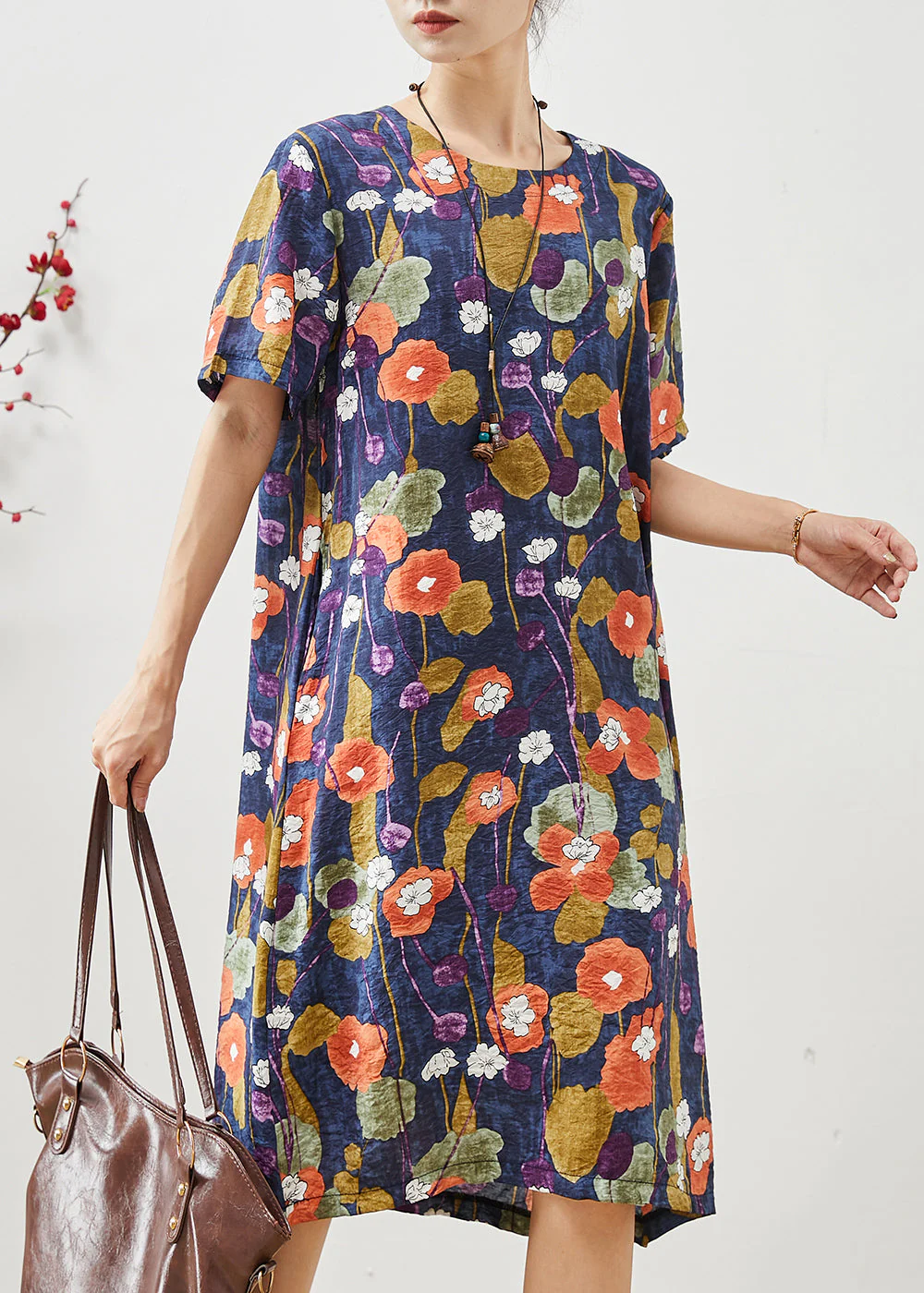 Navy Morning Glory Print Cotton Mid Dress Oversized Summer - Image 2