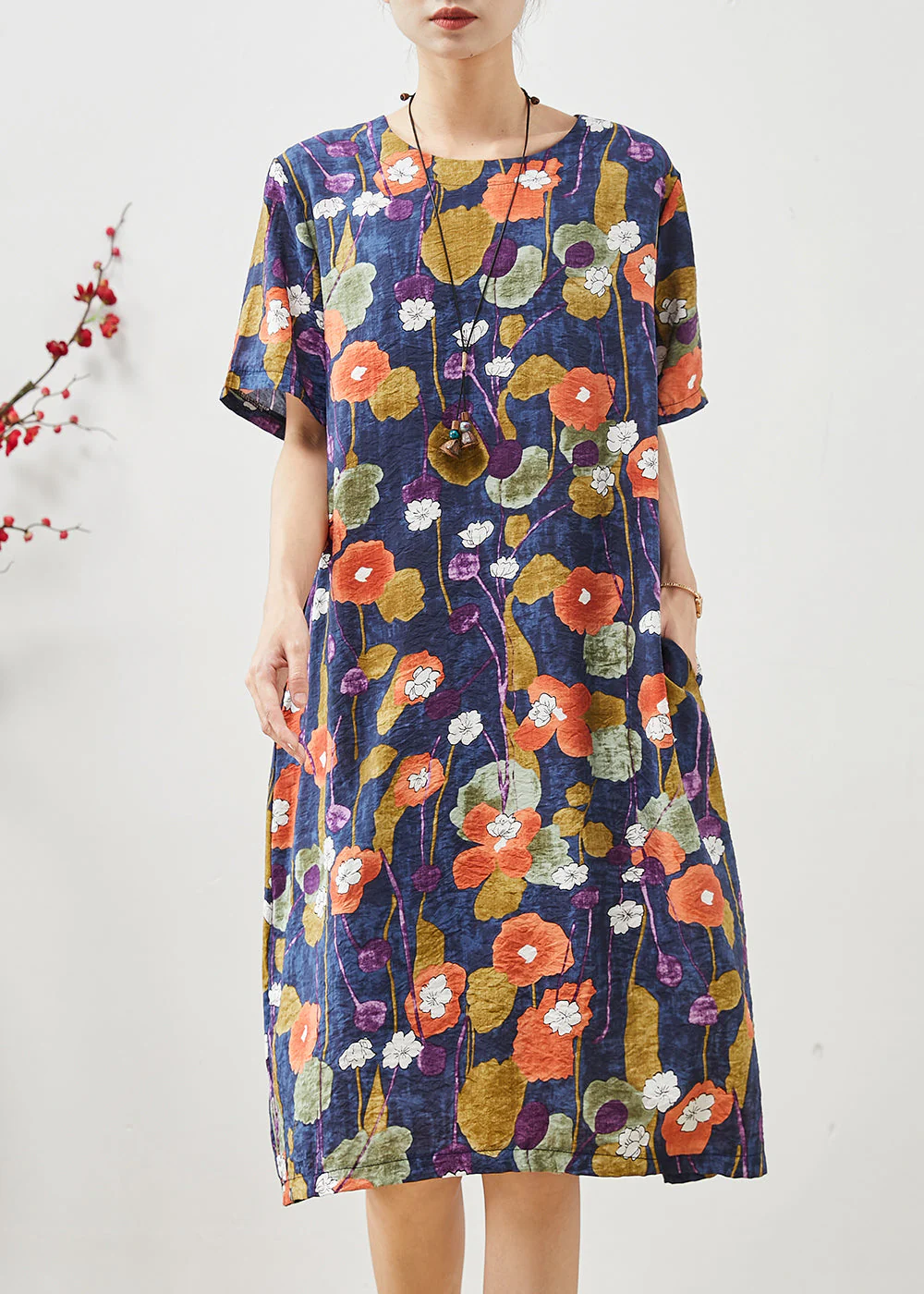 Navy Morning Glory Print Cotton Mid Dress Oversized Summer - Image 3