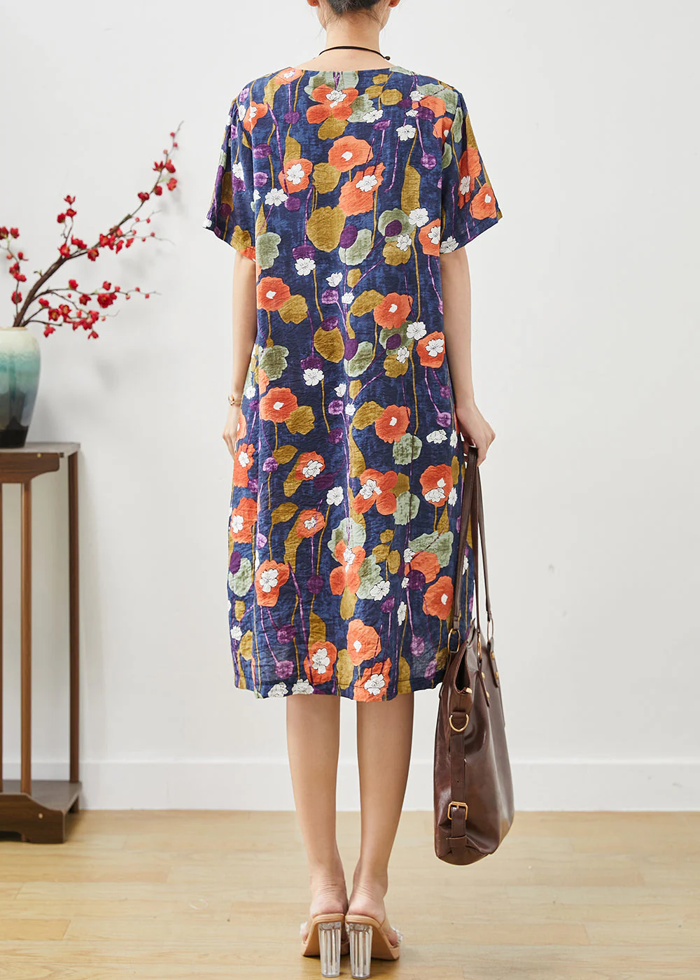 Navy Morning Glory Print Cotton Mid Dress Oversized Summer - Image 4