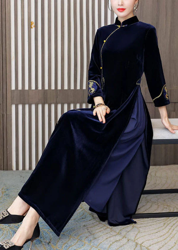 Navy Oriental Velour Cheongsam Dress Mandarin Collar Embroideried Bracelet Sleeve - Image 2