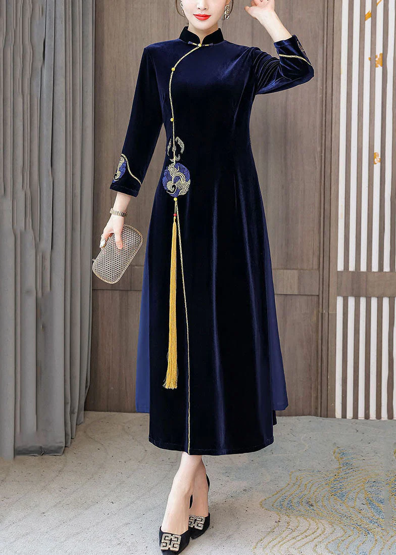 Navy Oriental Velour Cheongsam Dress Mandarin Collar Embroideried Bracelet Sleeve - Image 3