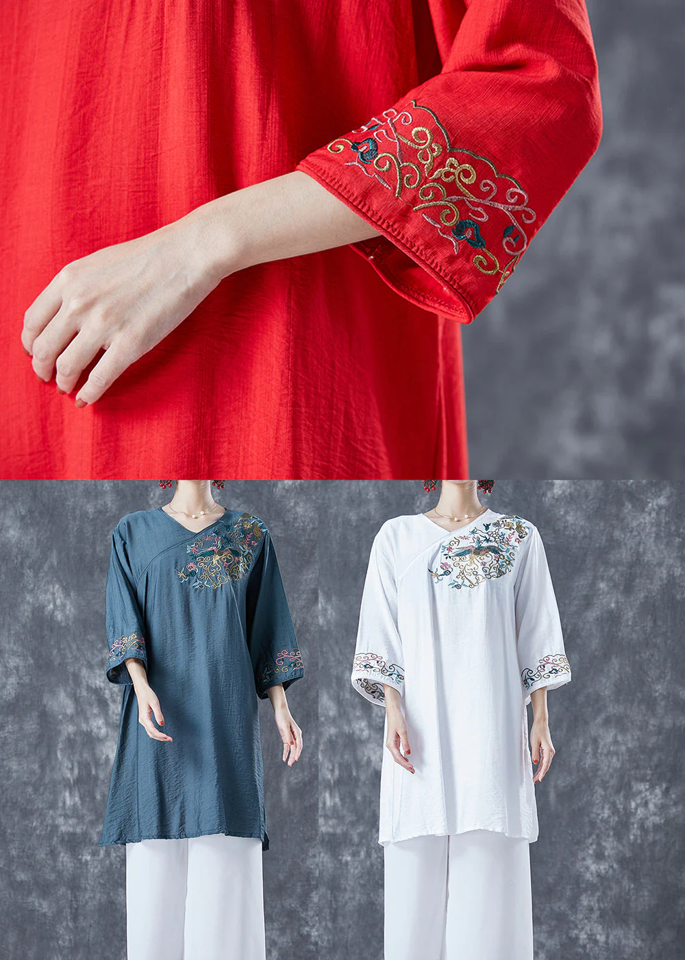 Navy Oversized Linen Mid Dress V Neck Embroideried Bracelet Sleeve - Image 5