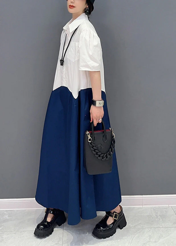 Navy Patchwork Cotton A Line Dress Slim Fit Summer - Image 3
