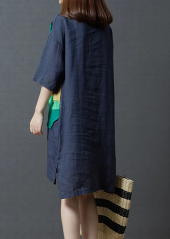 Navy Patchwork Cotton Day Dress Asymmetrical Summer - Image 3