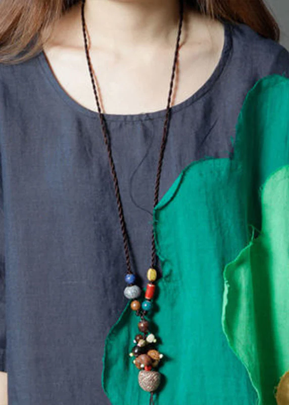Navy Patchwork Cotton Day Dress Asymmetrical Summer - Image 4