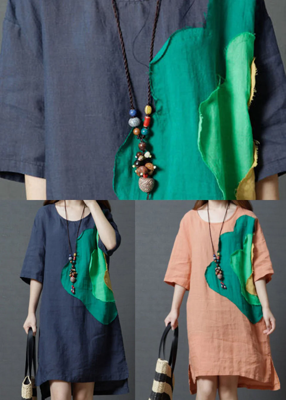 Navy Patchwork Cotton Day Dress Asymmetrical Summer - Image 5