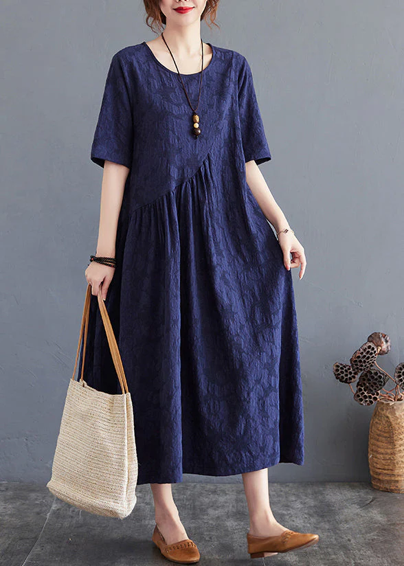 Navy Patchwork Cotton Dresses O-Neck Wrinkled Summer - Image 2