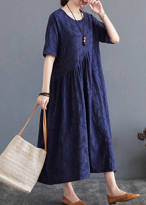 Navy Patchwork Cotton Dresses O-Neck Wrinkled Summer - Image 3
