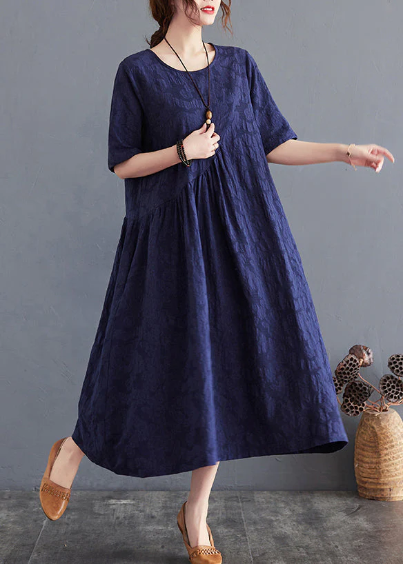 Navy Patchwork Cotton Dresses O-Neck Wrinkled Summer - Image 4