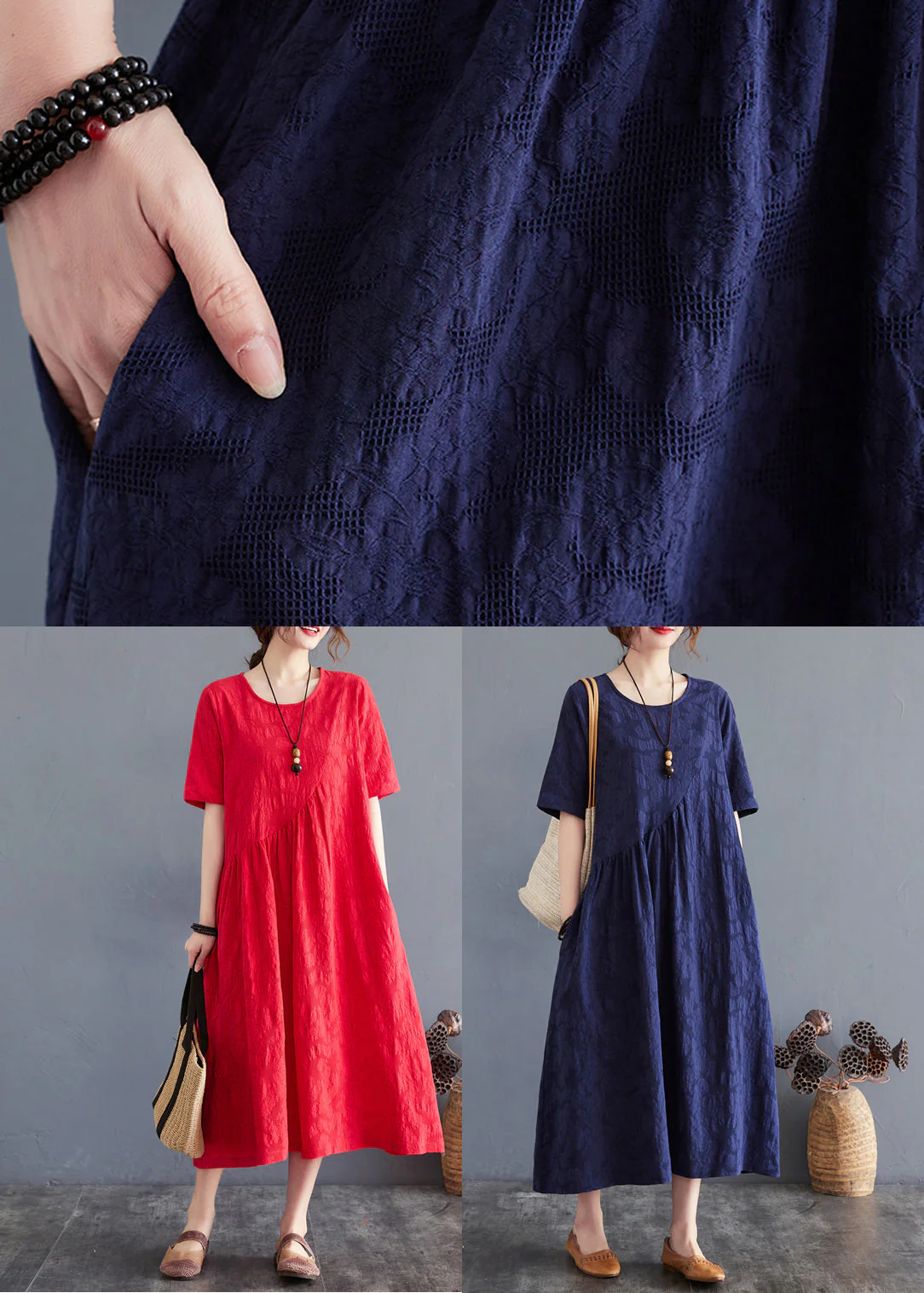 Navy Patchwork Cotton Dresses O-Neck Wrinkled Summer - Image 5