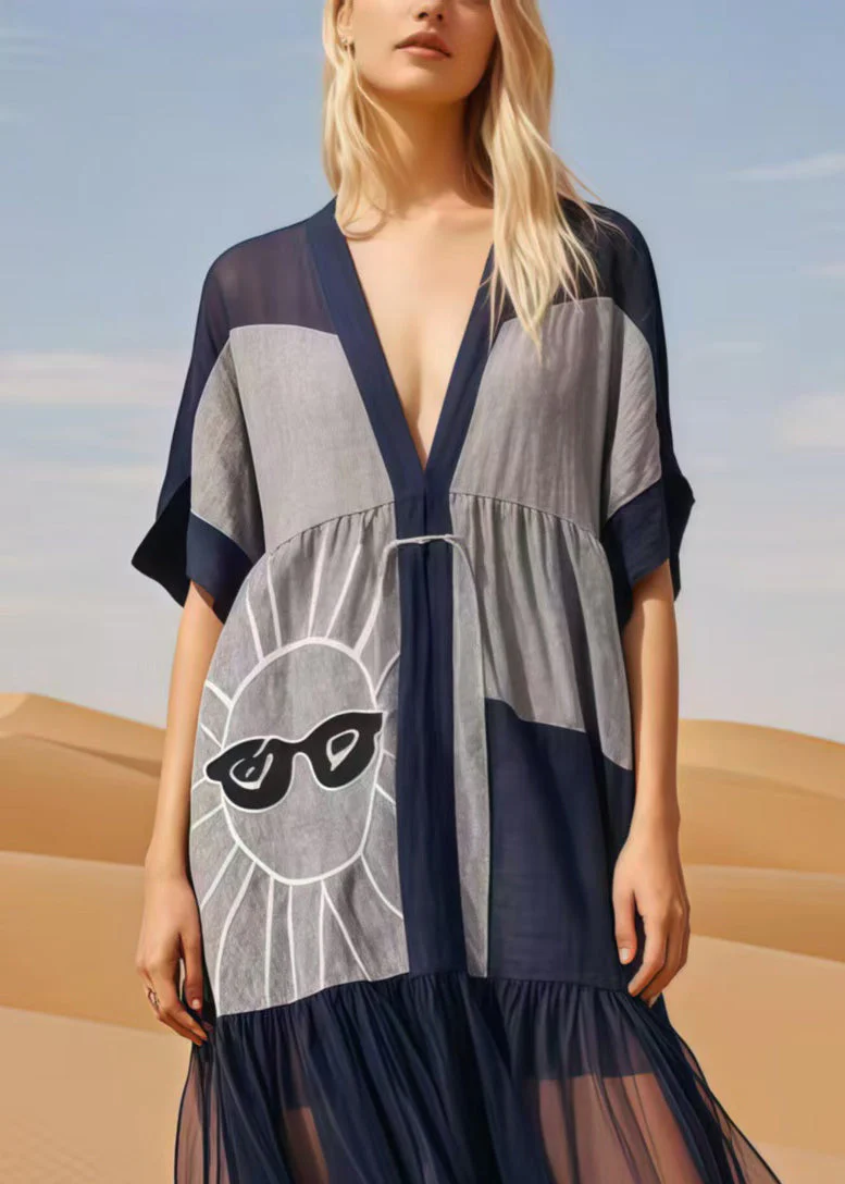 Navy Patchwork Cotton Maxi Dress Asymmetrical Summer - Image 2
