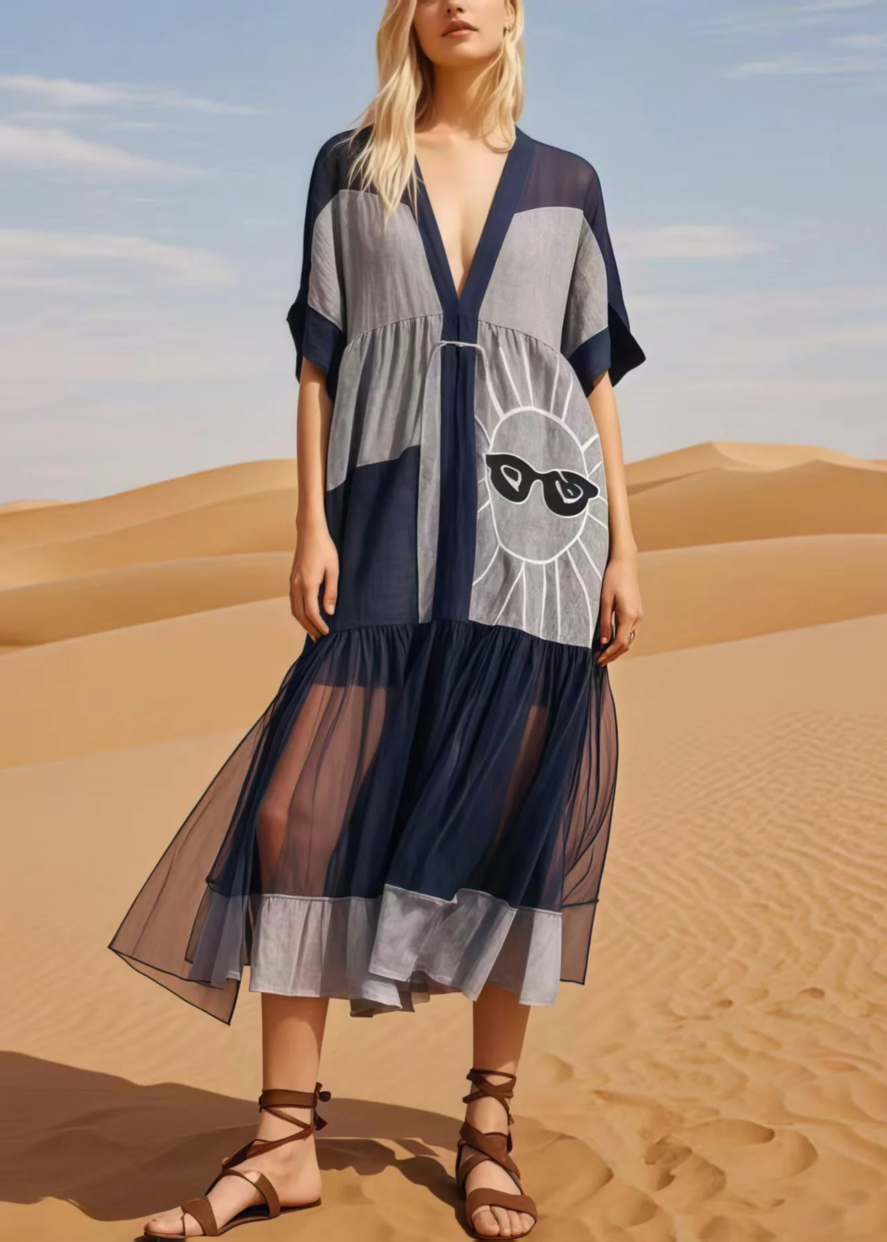 Navy Patchwork Cotton Maxi Dress Asymmetrical Summer - Image 3