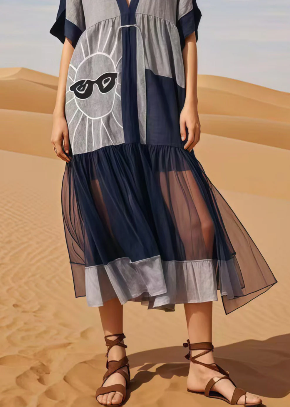 Navy Patchwork Cotton Maxi Dress Asymmetrical Summer - Image 4