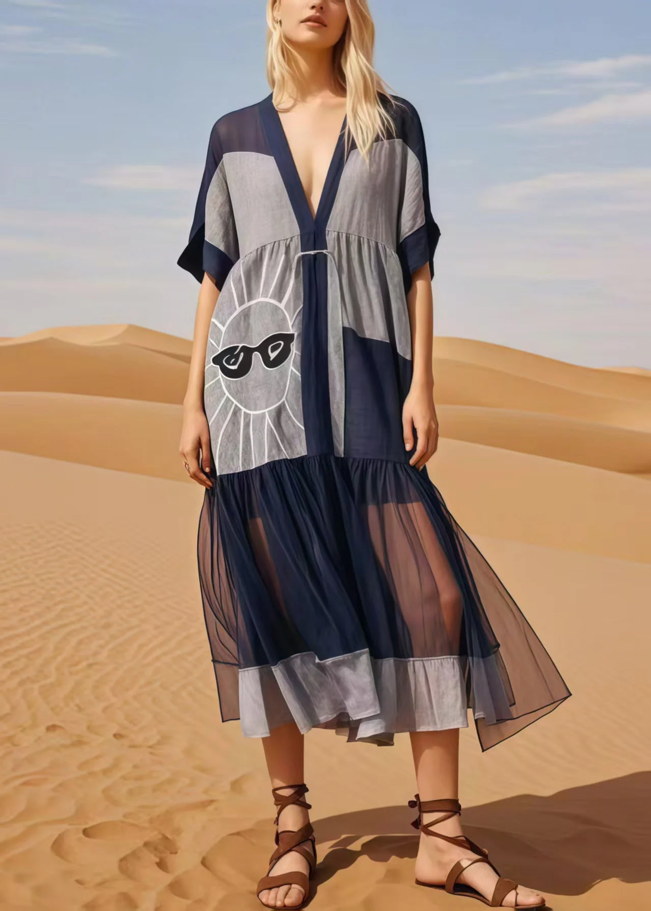Navy Patchwork Cotton Maxi Dress Asymmetrical Summer - Image 5
