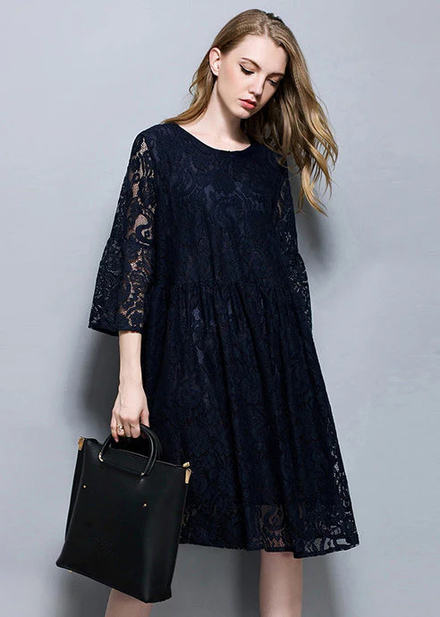 Navy Patchwork Lace A Line Dress O-Neck Oversized Summer - Image 3