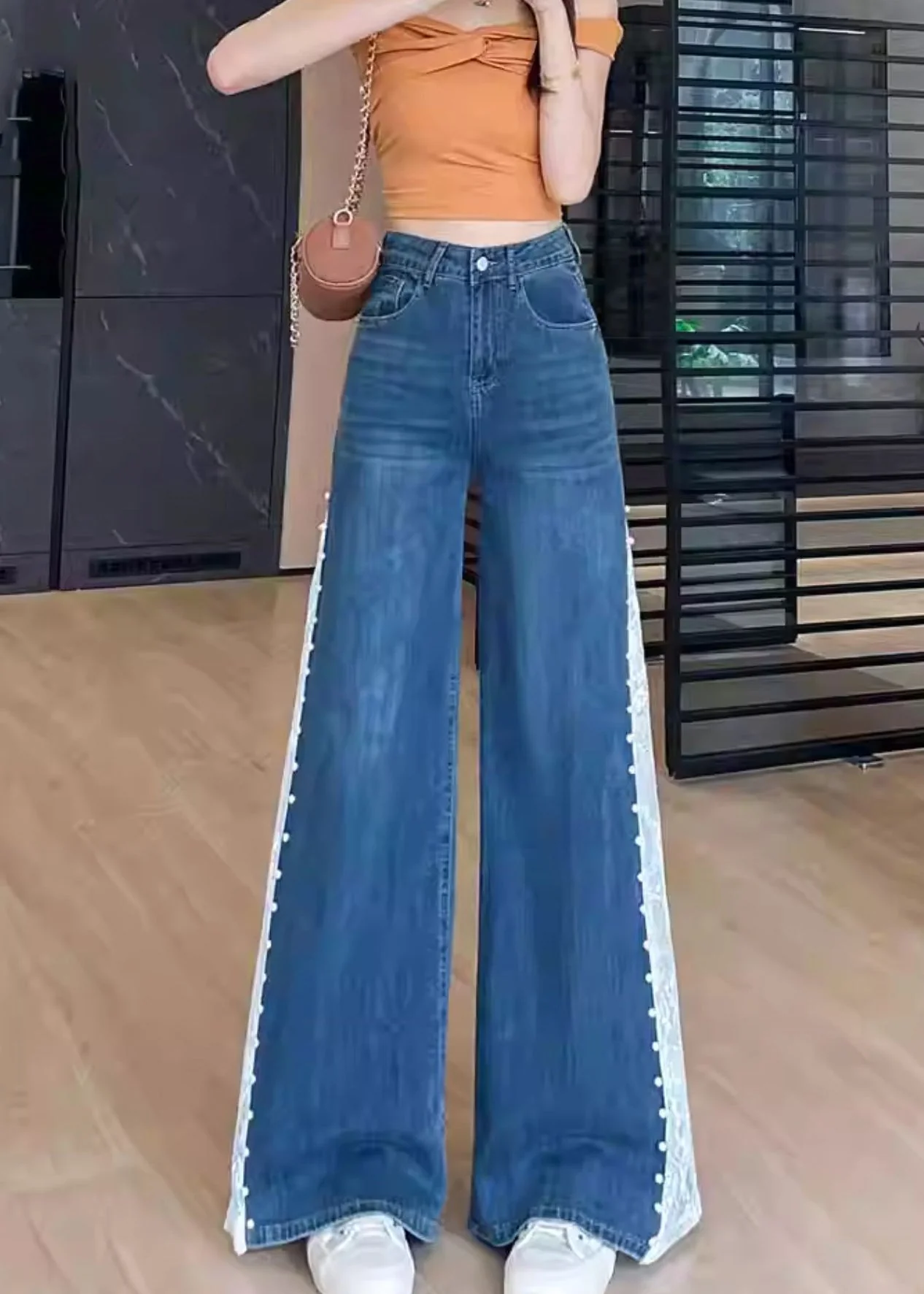 Navy Patchwork Lace Denim Flared Trousers Rivet Fall - Image 2