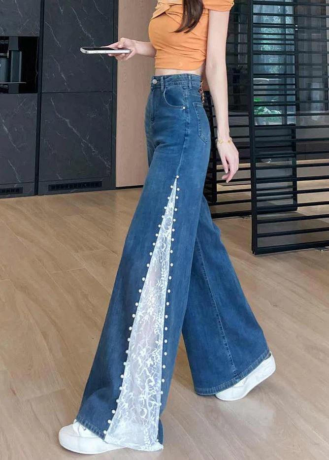 Navy Patchwork Lace Denim Flared Trousers Rivet Fall - Image 3