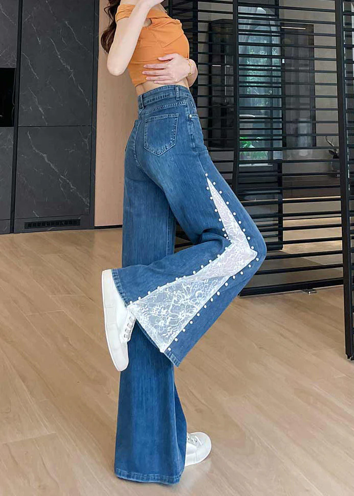 Navy Patchwork Lace Denim Flared Trousers Rivet Fall - Image 4