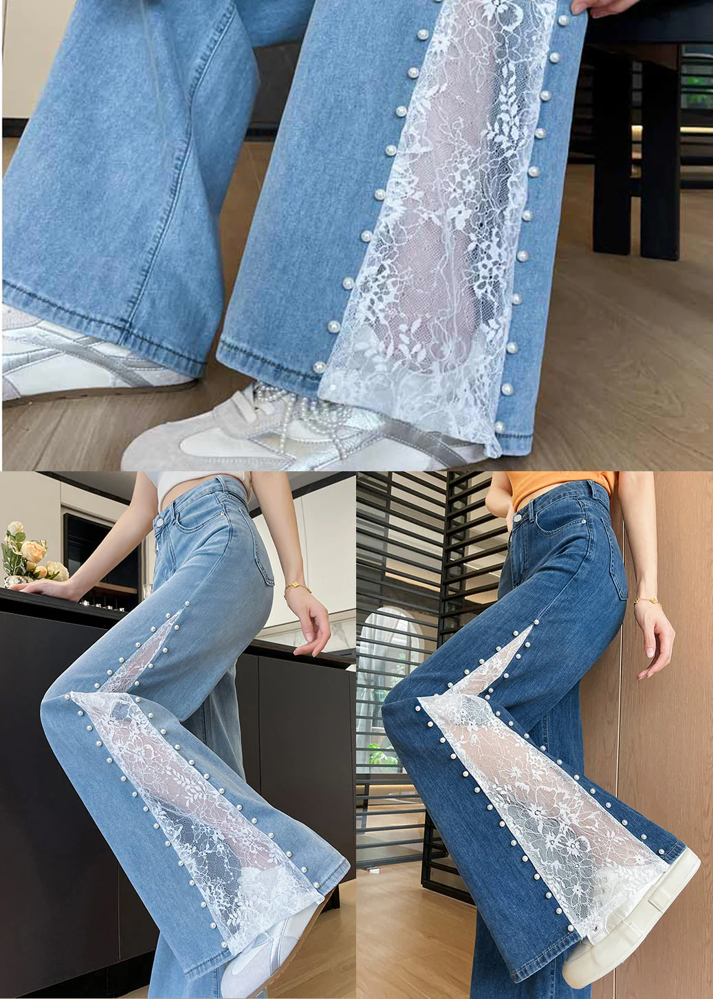 Navy Patchwork Lace Denim Flared Trousers Rivet Fall - Image 5