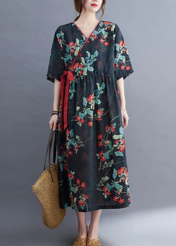 Navy Patchwork Linen holiday Dresses Tie Waist Short Sleeve - Image 2