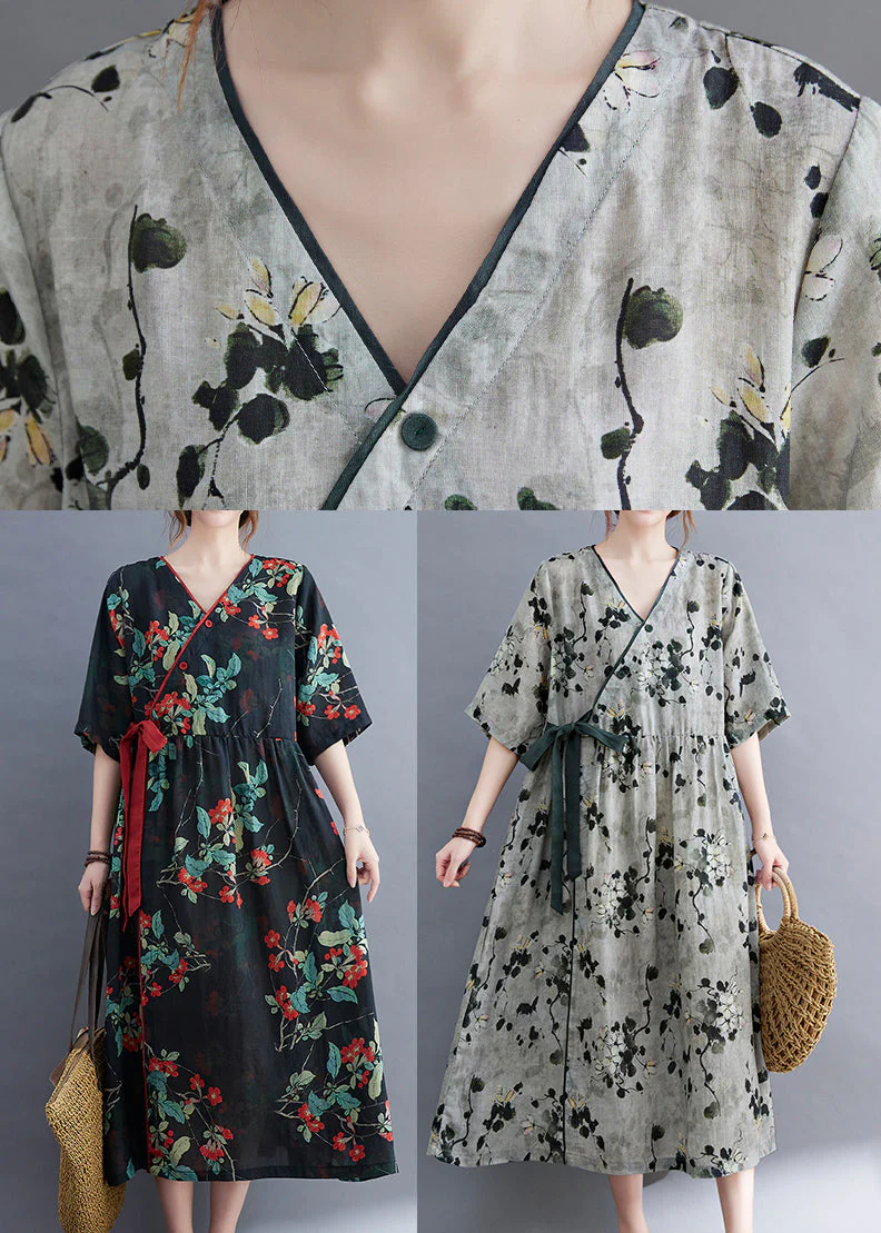 Navy Patchwork Linen holiday Dresses Tie Waist Short Sleeve - Image 5
