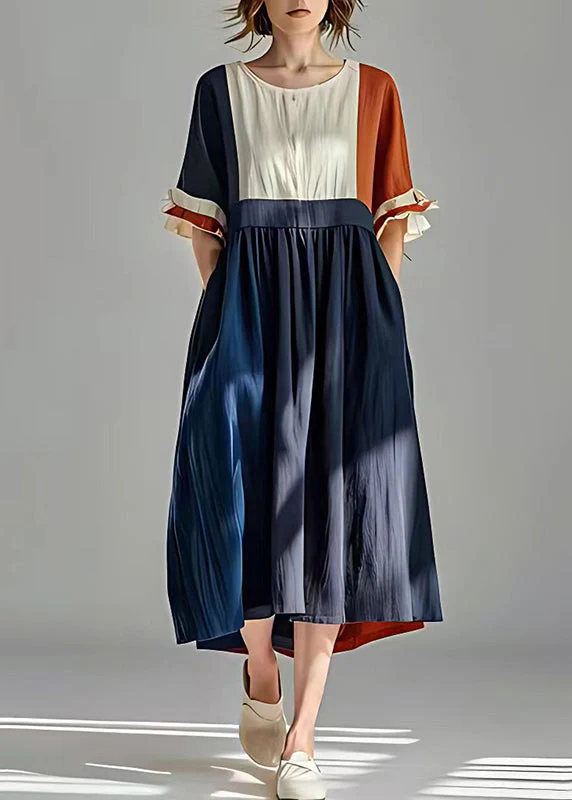 Navy Patchwork Linen Maxi Dresses Exra Large Hem Summer - Image 2