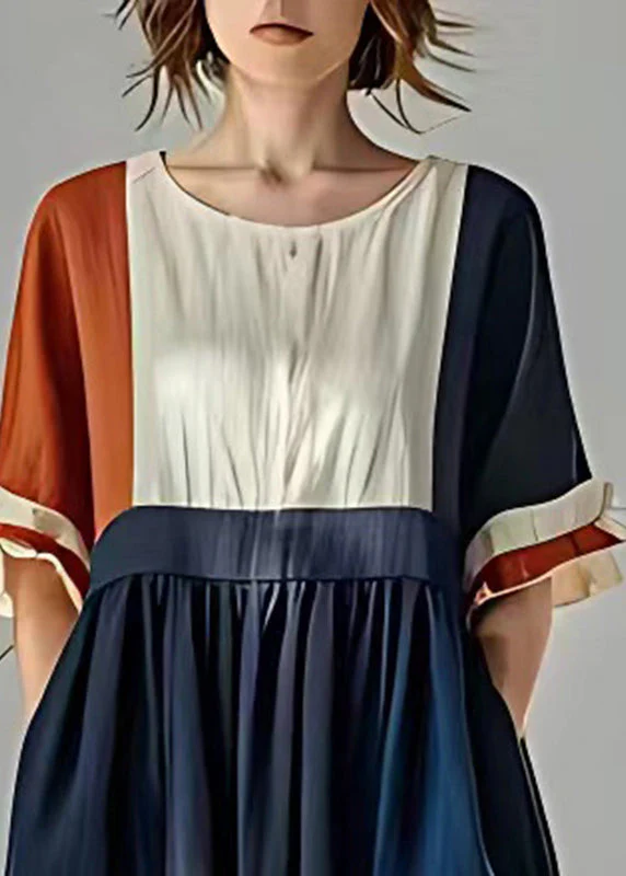 Navy Patchwork Linen Maxi Dresses Exra Large Hem Summer - Image 3