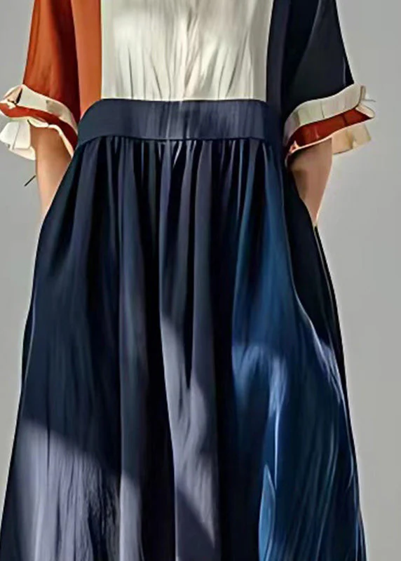 Navy Patchwork Linen Maxi Dresses Exra Large Hem Summer - Image 4