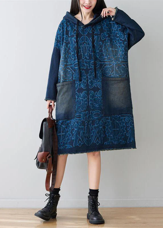 Navy Patchwork Pockets Print Denim Dress Hooded Spring - Image 2