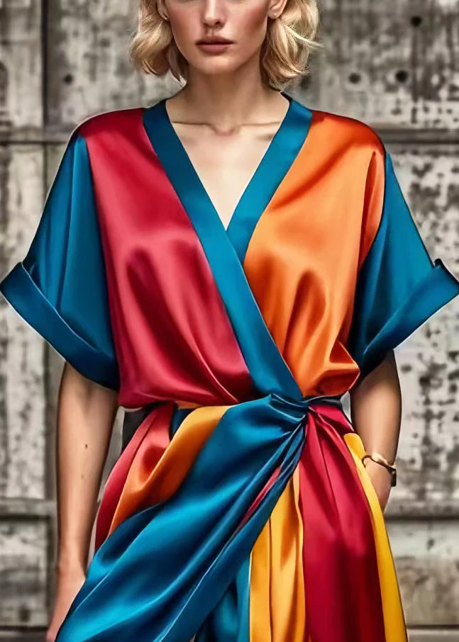 Navy Patchwork Silk Holiday Dress Cinched Side Open Summer - Image 3