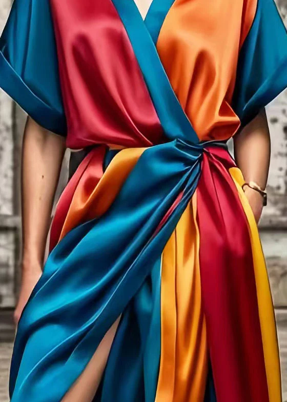 Navy Patchwork Silk Holiday Dress Cinched Side Open Summer - Image 4