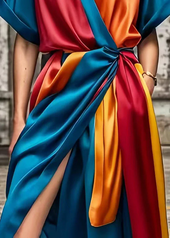 Navy Patchwork Silk Holiday Dress Cinched Side Open Summer - Image 5