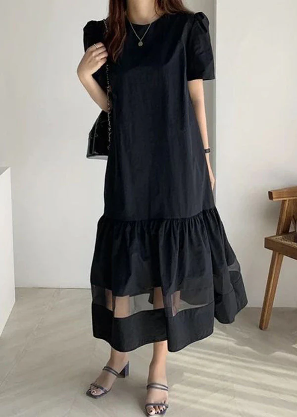 Navy Patchwork Tulle Cotton Holiday Pleated Dress Hollow Out Summer - Image 2