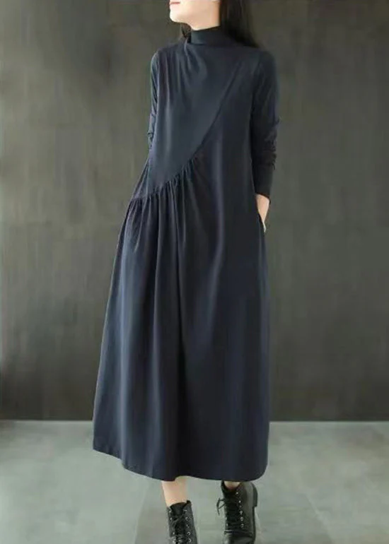 Navy Pockets Patchwork Cotton Long Dress Hign Neck Wrinkled Fall - Image 3