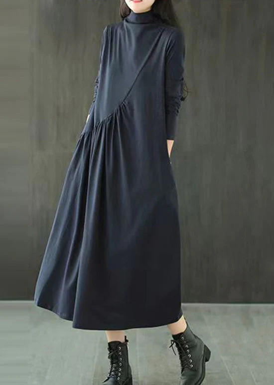 Navy Pockets Patchwork Cotton Long Dress Hign Neck Wrinkled Fall - Image 4