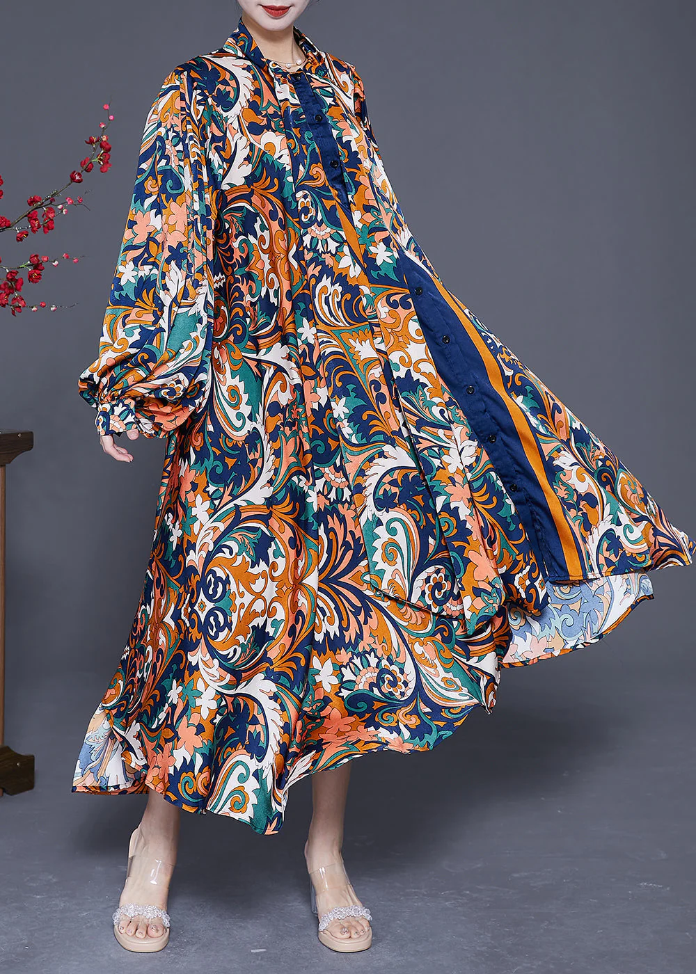 Navy Print Chiffon Long Dress Asymmetrical Extra Large Hem Summer - Image 2