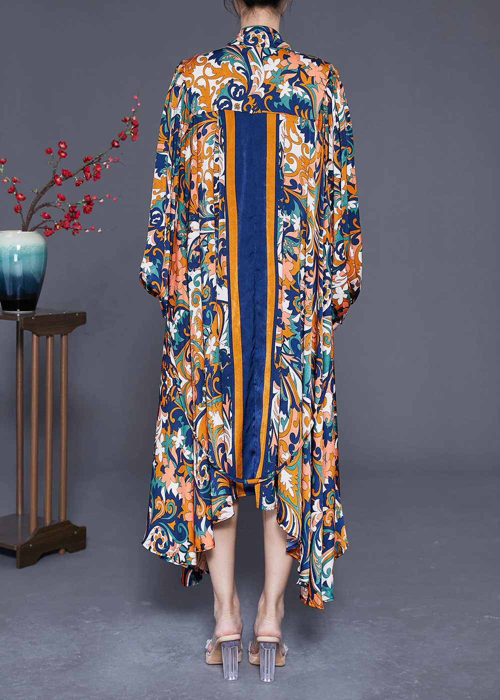 Navy Print Chiffon Long Dress Asymmetrical Extra Large Hem Summer - Image 4