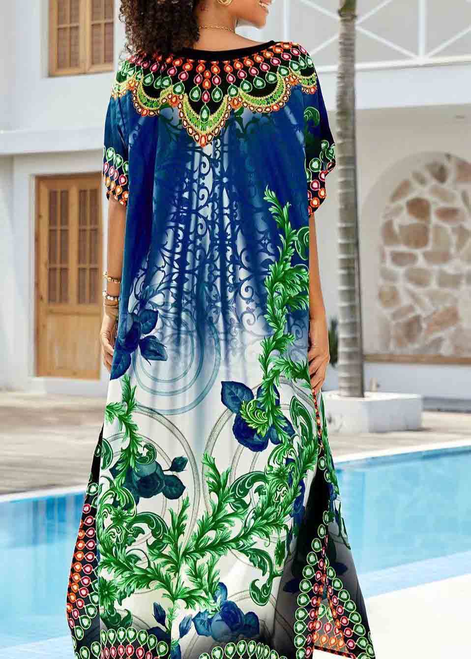 Navy Print Chiffon Long Dresses Oversized Side Open Summer - Image 5