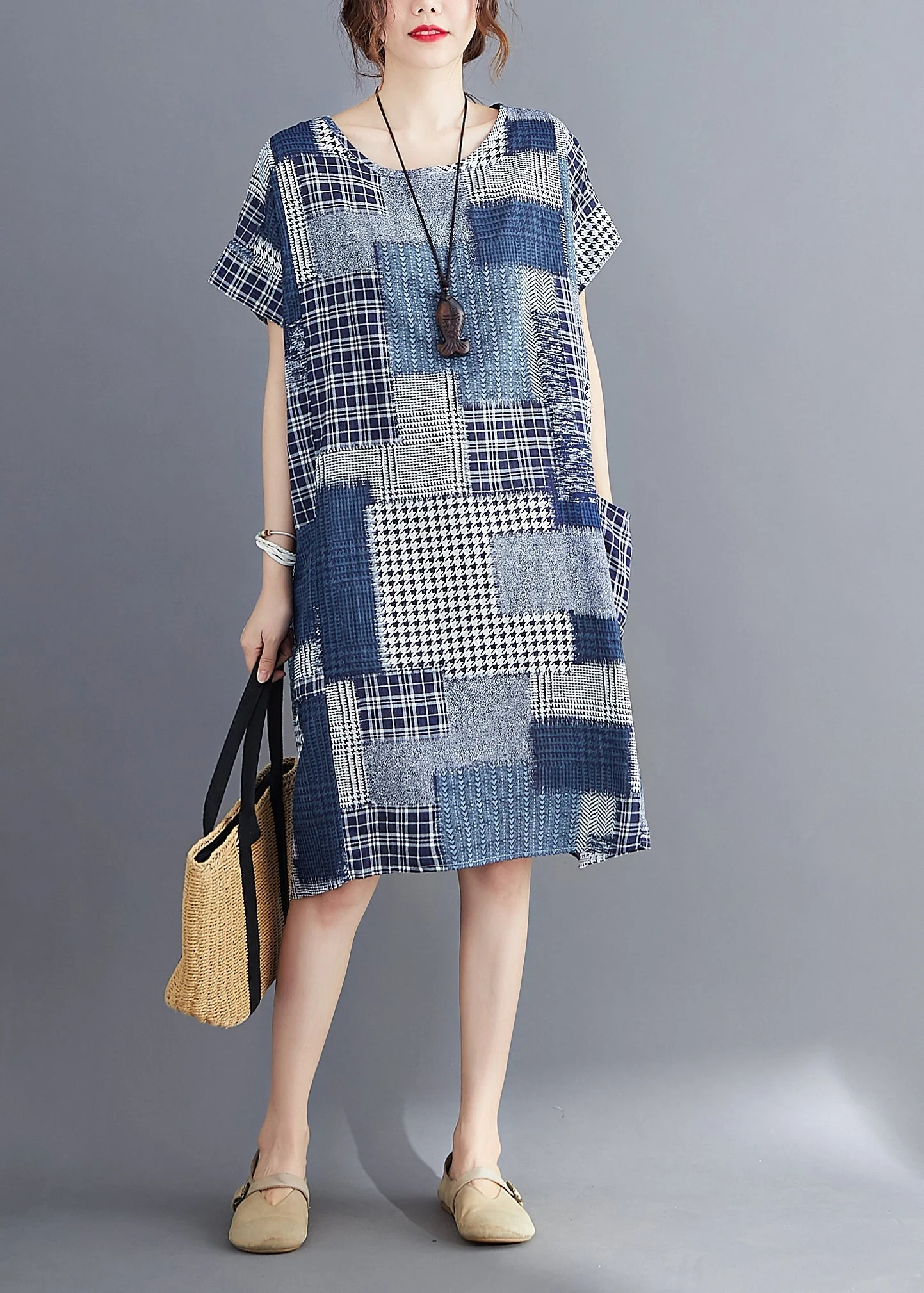 Navy Print Cotton Long Dress O-Neck Pockets Summer - Image 2