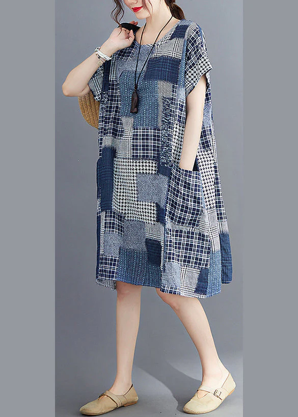 Navy Print Cotton Long Dress O-Neck Pockets Summer - Image 3